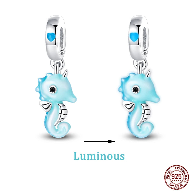 New 100% 925 Sterling Silver Ocean Luminous Sea Turtle Dolphin Octopus Charms Beads Fit Qikaola Original Bracelets DIY Jewelry