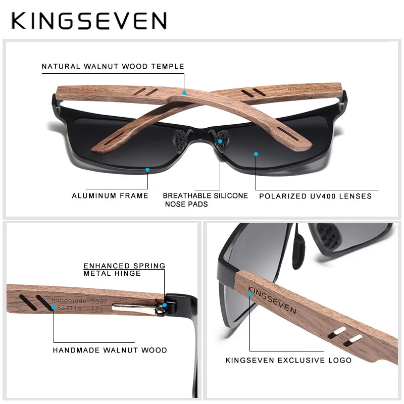 KINGSEVEN Wooden Men Sunglasses Polarized Outdoor Sun Glasses Women Mirror Lens Handmade Fishing Fashion UV400 Eyewear