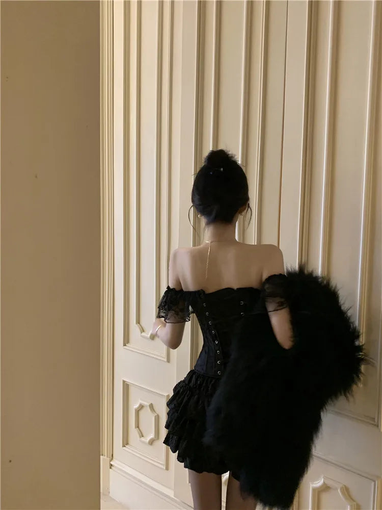 Palace Style Black Fashion Two Piece Sets Women Off Shoulder Lace Up Corset Shirt&Mini Cake Skirt 2025 New Summer 2 Piece Sets