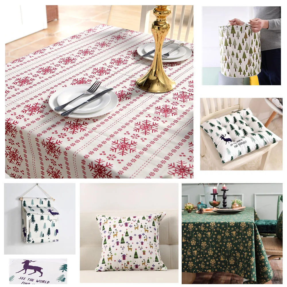 45x145cm Elk Snowflake Printed Linen Cotton Fabric Wrinkle-Resistant for Doll Clothes DIY Quit Sewing Kits Christmas Gift Craft