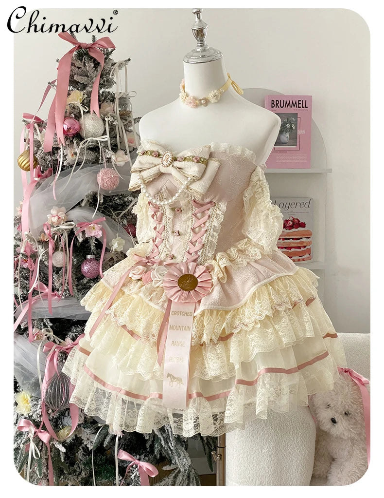 Original Romantic Atmosphere Cute Girls Skirt Sets 2025 Spring and Summer Sweet Lolita Tube Top Slim Top and Skirt 2-piece Set