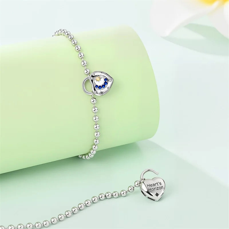 Original 17-20CM 925 Sterling Silver Heart Shaped Lock Star Moon Bracelet For Women Fine Anniversary Jewelry