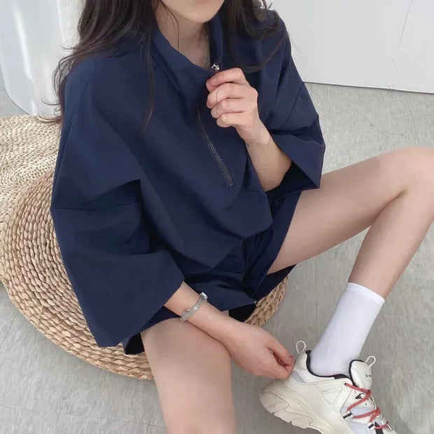 Korean Style Women's Summer Casual Sports Sun Protection Suit Two-Piece Set Workwear Jacket Shorts Polyester Fiber