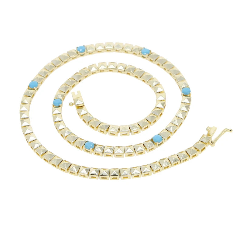 High Quality Simple Geometric Women Jewelry Fashion Gold Color White CZ Blue Turquoises Beaded Chain Bracelet Necklace