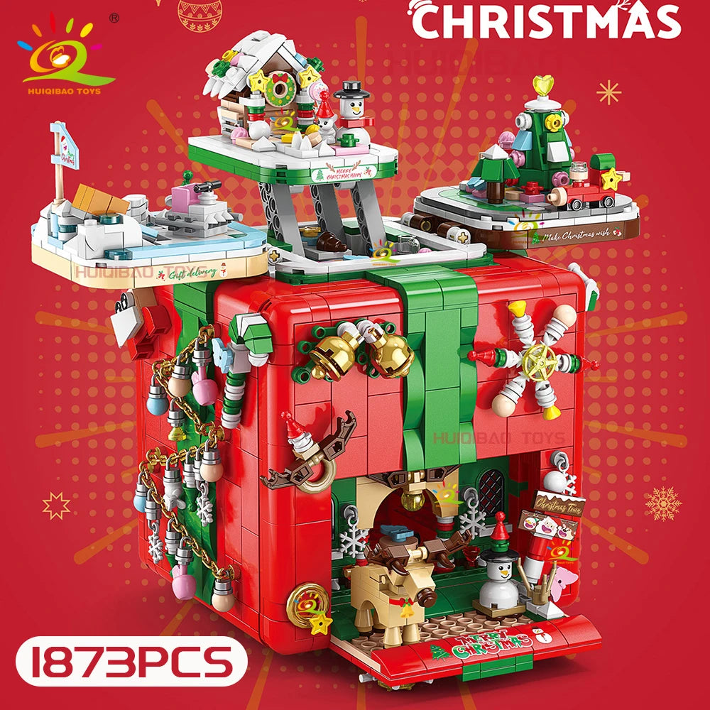 HUIQIBAO Christmas Gift Surprise Mechanism Box Model Building Block DIY Elk Snowman Bricks Ornament Toys for Children Adult