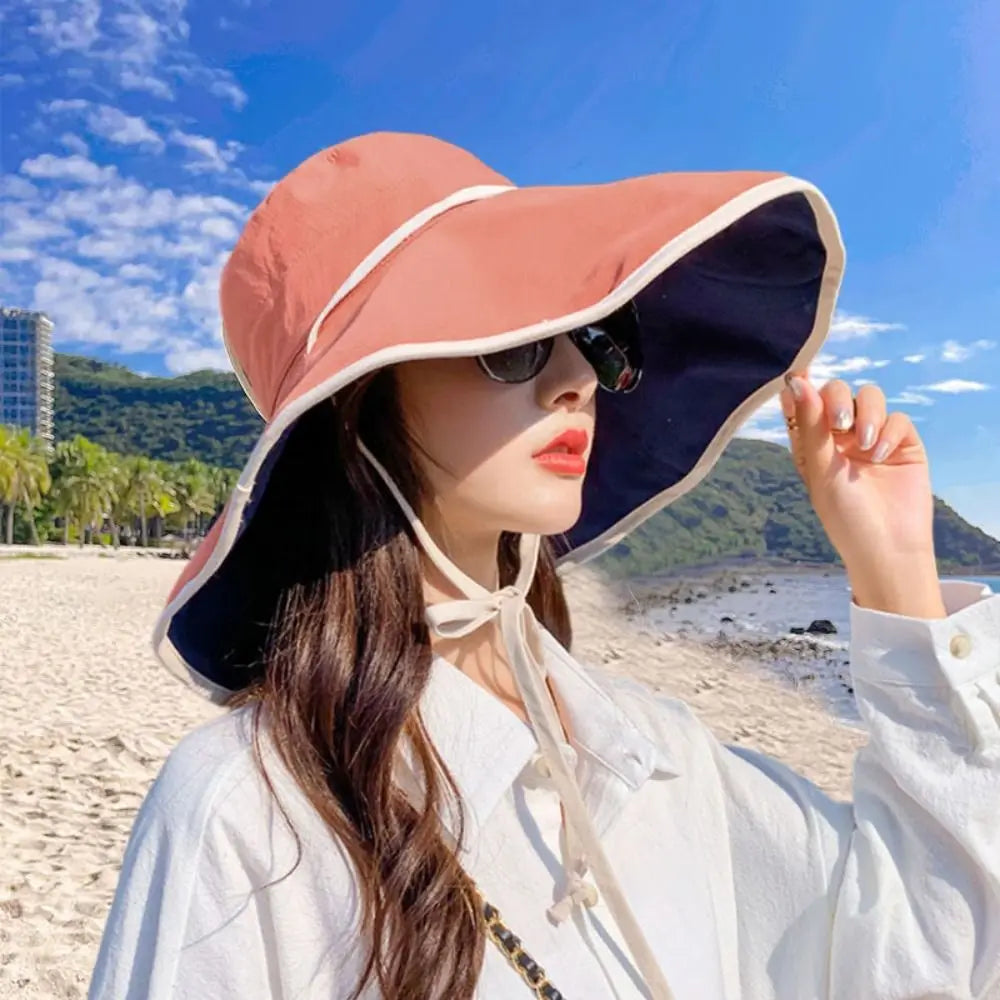 Solid Color Wide Brim Sun Hat Korean Style Anti-UV Sun Protection Hat Fisherman Hat with Neck Rope Women Bucket Hat Ladies