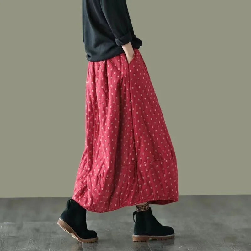 Careaymade New Autumn Winter Print Cotton Skirt Women Elastic Waist Thick Warm Long Skirts Female Loose Vintage Skirts