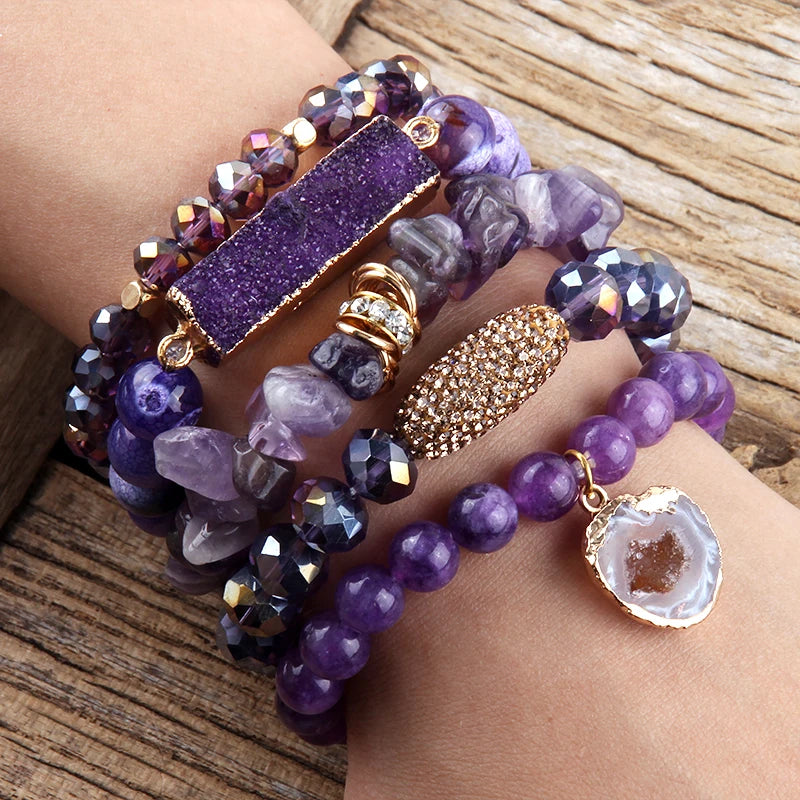 Fashion Designer Gemstone Crystal Glass Beaded Bracelet Sets Druzy Charm 5pc Stack Bracelet Bracelets Set For Women Jewelry Gift