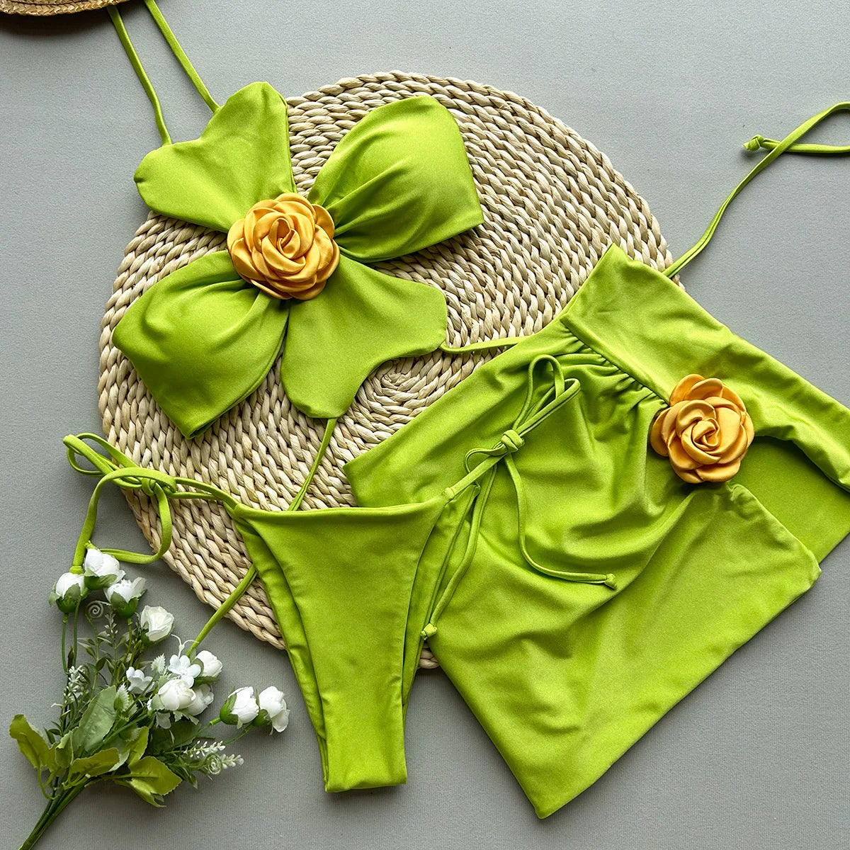 Sexy Green 3D Floral Bikinis Sets Women Halter Push Up Pleate Skirt 3 Piece Swimsuit 2025 Beach Bathing Suit Thong Swimwear