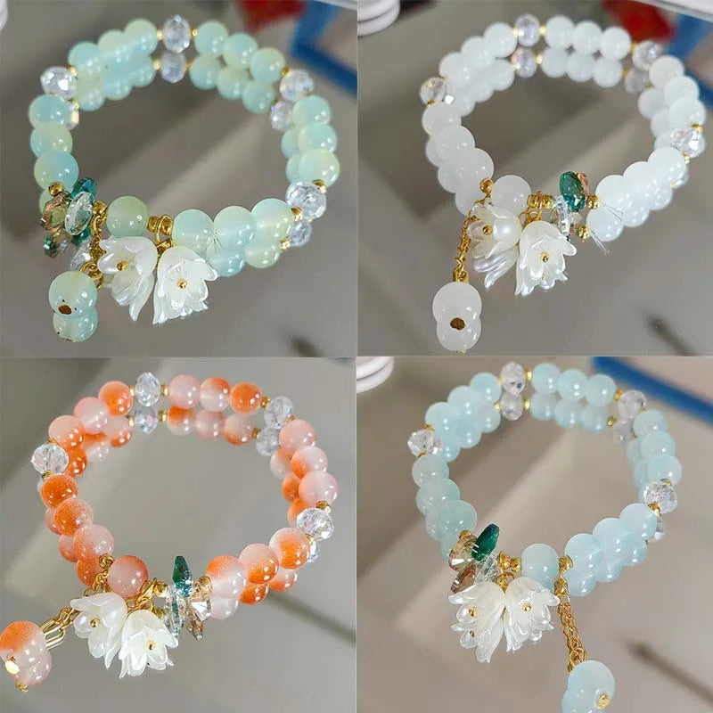Cute Green Crystal Bead Bracelet for Women Trendy Lily Valley Flower Charm Elastic Adjustable Bracelet Wedding Birthday Jewelry