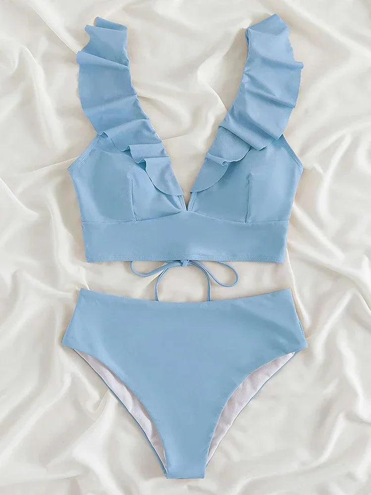 Riseado High Waist Bikinis Set Ruffle Shoulder Sexy Plunging Swimwear Women Bathing Suit Summer Beachwear