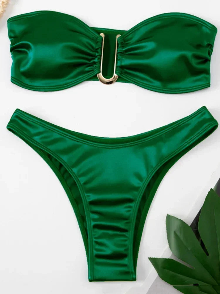 Shiny Bandeau Bikinis 2025 Strapless Bikini Female Swimsuit Women Swimwear Two-pieces Bikini Set High Cut Bathing Suit Swim Lady