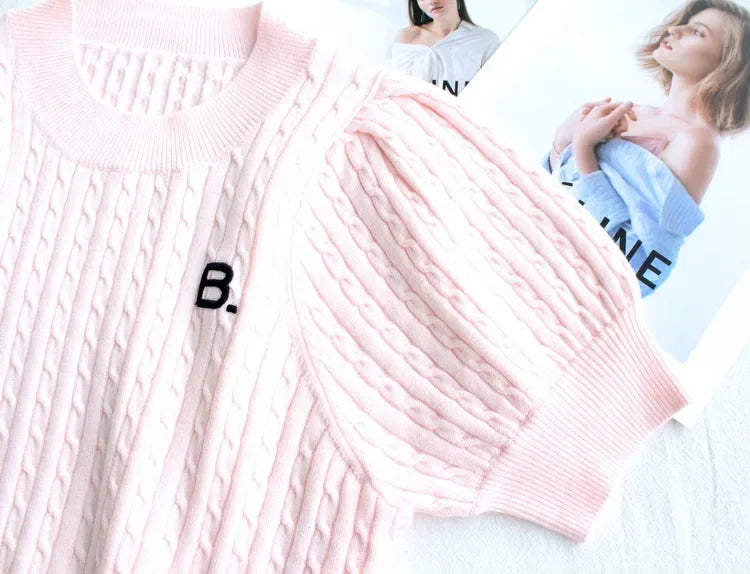 Japanese New Spring Ladies Sweet Bubble Short Sleeve Twist Knitted Top Sweater Letter Embroidered Pure Color Women's T-shirt