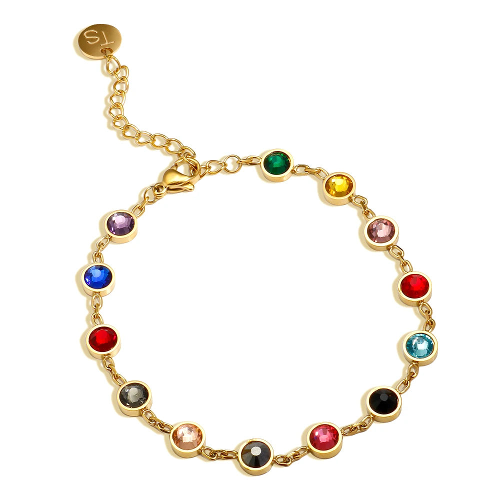 JINHUI Colorful Bejeweled Bangle Popularity TS Stainless Steel Bracelets for Women 12 Birthstones Rainbow Crystal Chain Jewelry