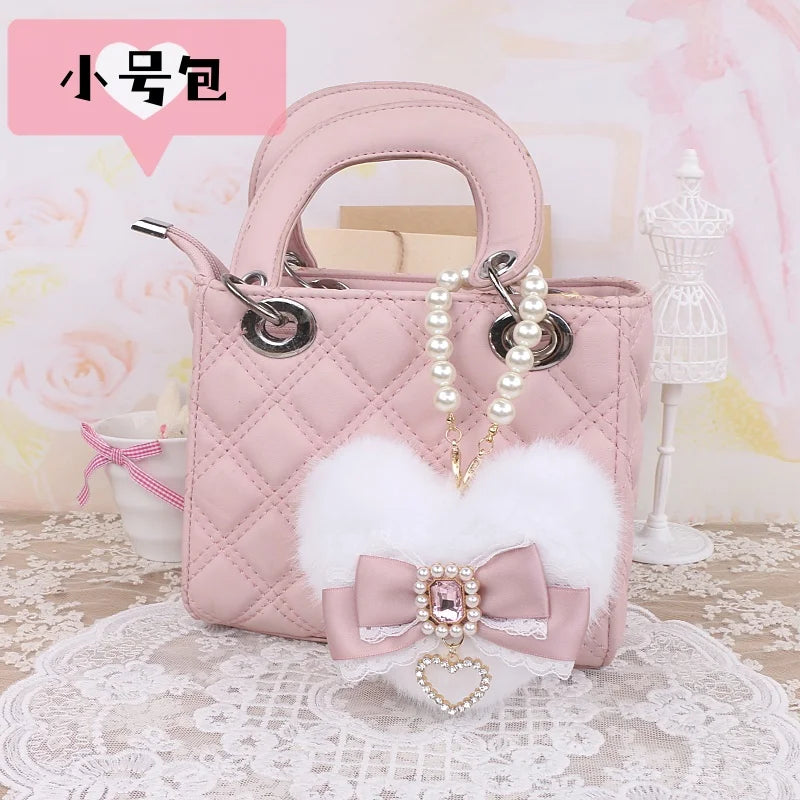 Romantic Bag Ornament Plush Heart Pearls  Keychain Bag Decor Keyring Sweet Ita Bag Pendant Handmade Bow Accessories Keychain