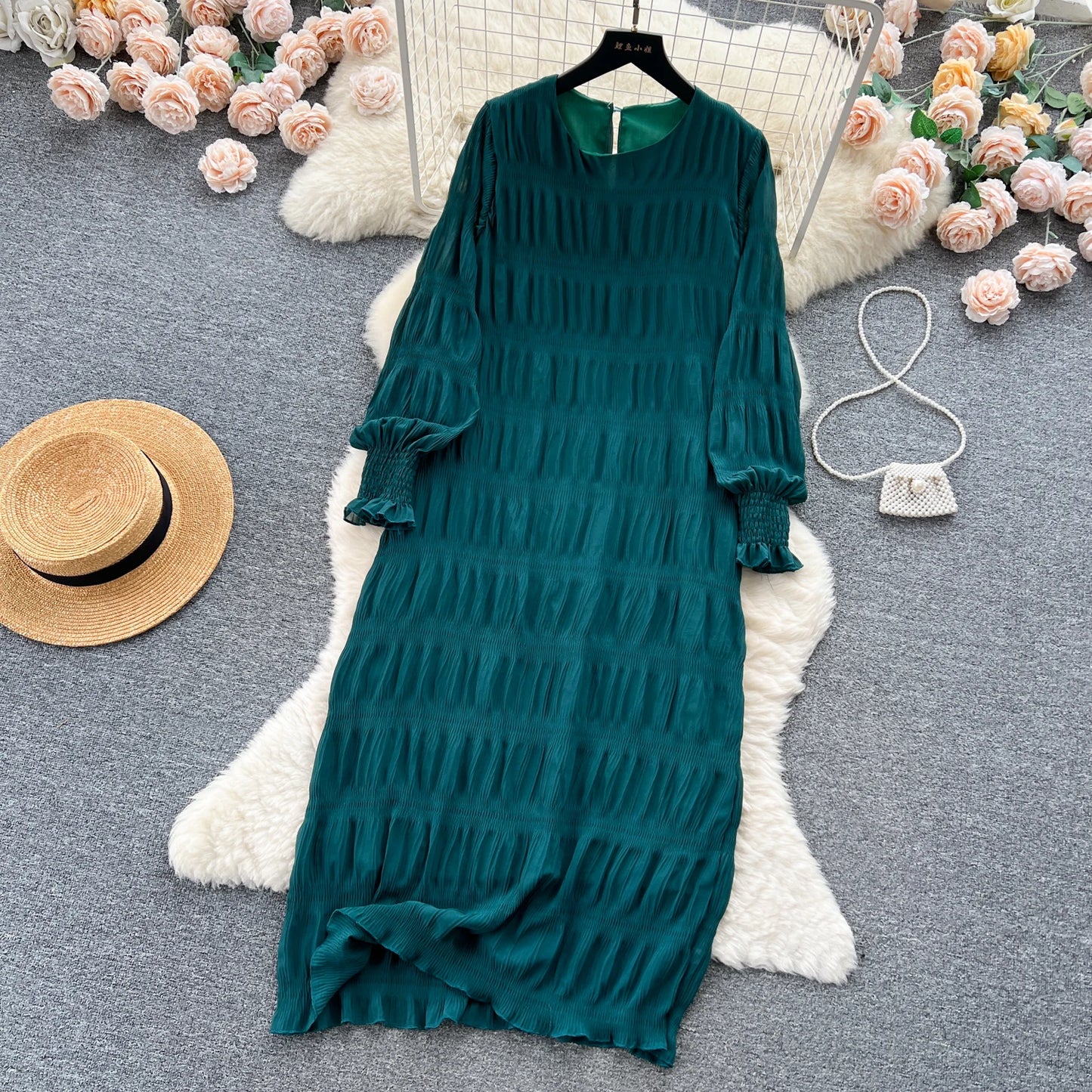 Autumn Vintage Women Draped Loose Midi Dress Elegant Round Collar Puff Long Sleeve Robe Casual Yellow/Burgundy/Green Vestido New