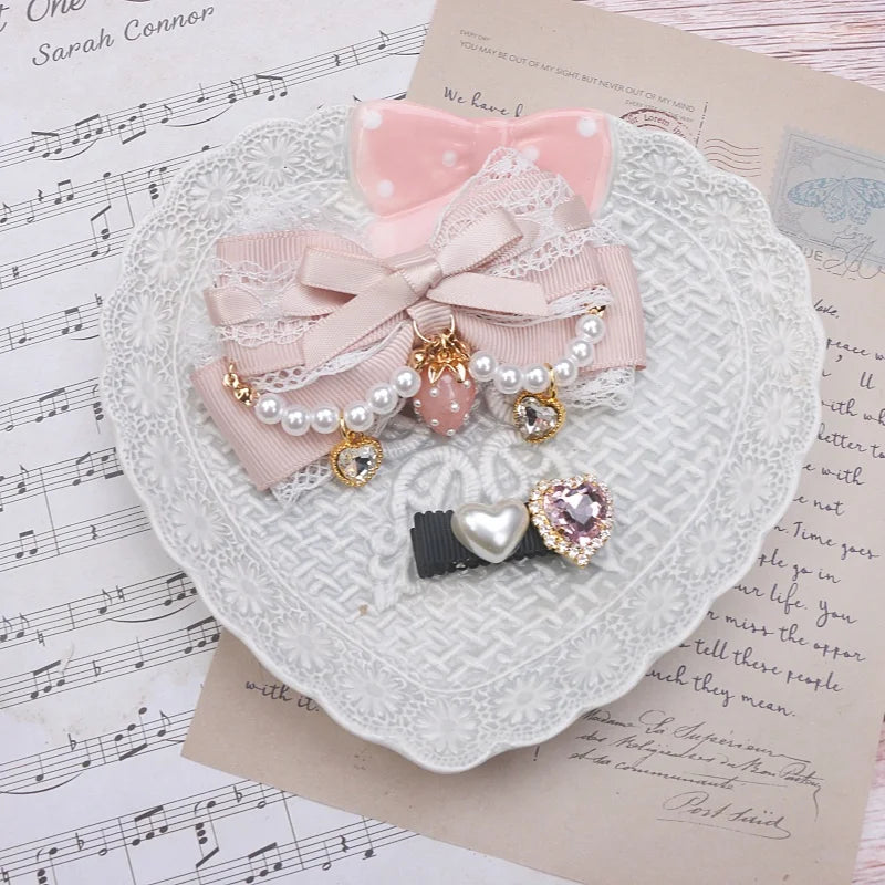 Larme Kei Lace Hair Clips Sweet Girl's Beaded Bow Heart Rhinestone Hair Bows Lolita Strawberry Hair Accessories Gift