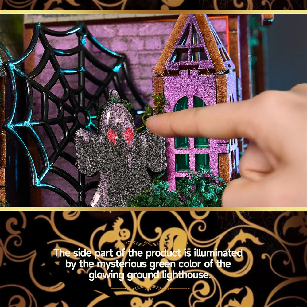 Retro DIY Wooden Halloween Night House Figurines Miniatures Kits With LED Lights Home Desk Decoration For Adult Handmade Gifts