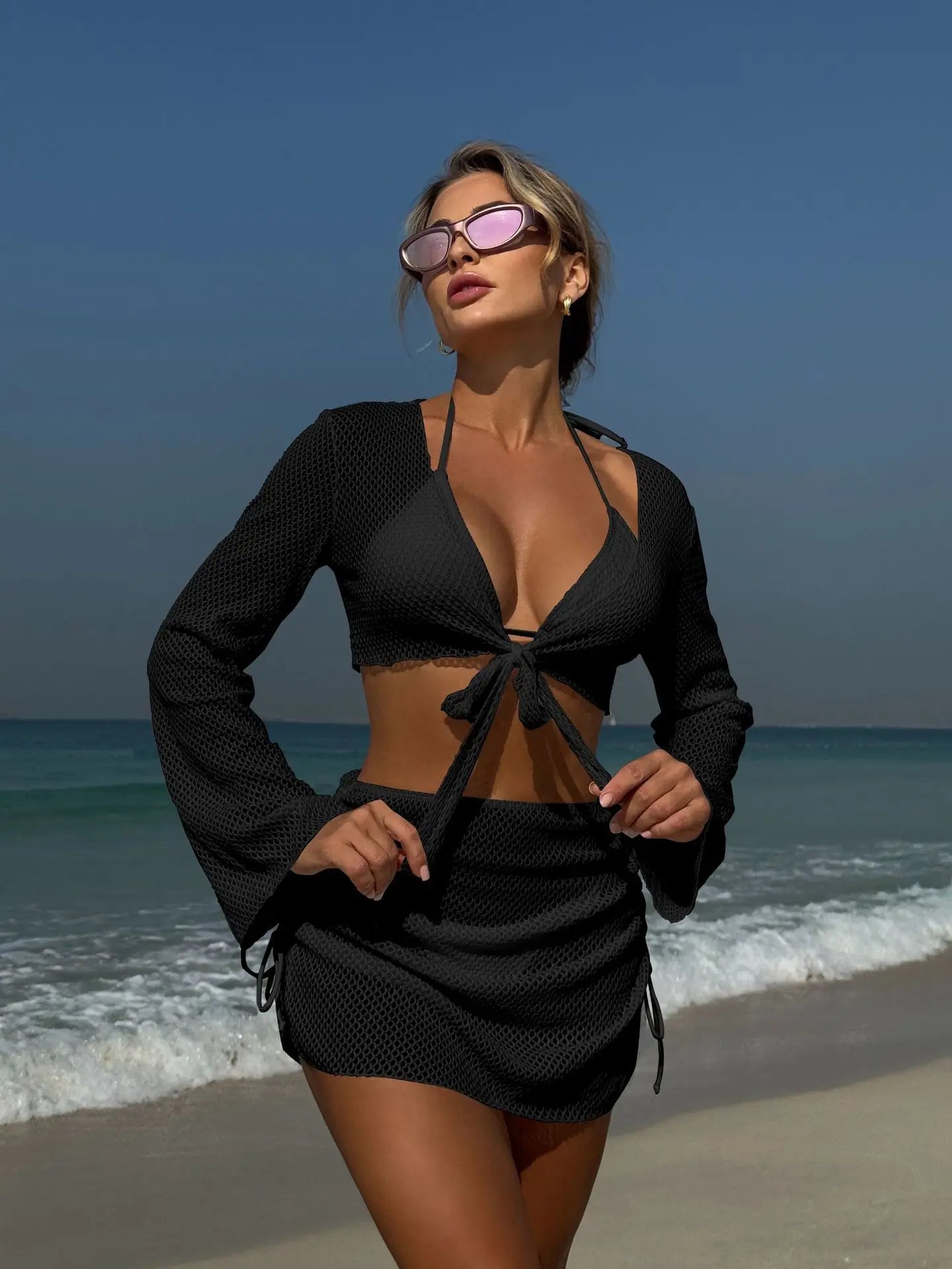 Summer Holiday 4 Piece Bikini Set 2025 Women Sexy White Long Sleeve Cover Up and Skirt Swimsuit Beach Bathing Suit Pool Swimwear