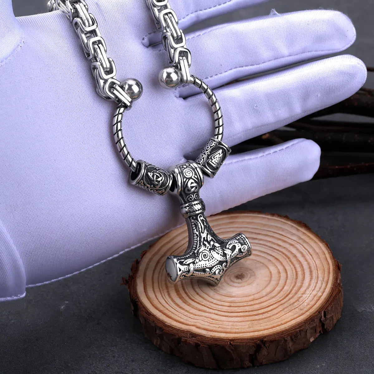 Stainless Steel Viking Thor's Hammer Set Men's Retro Creative Pendant Necklace Party Gift Jewelry