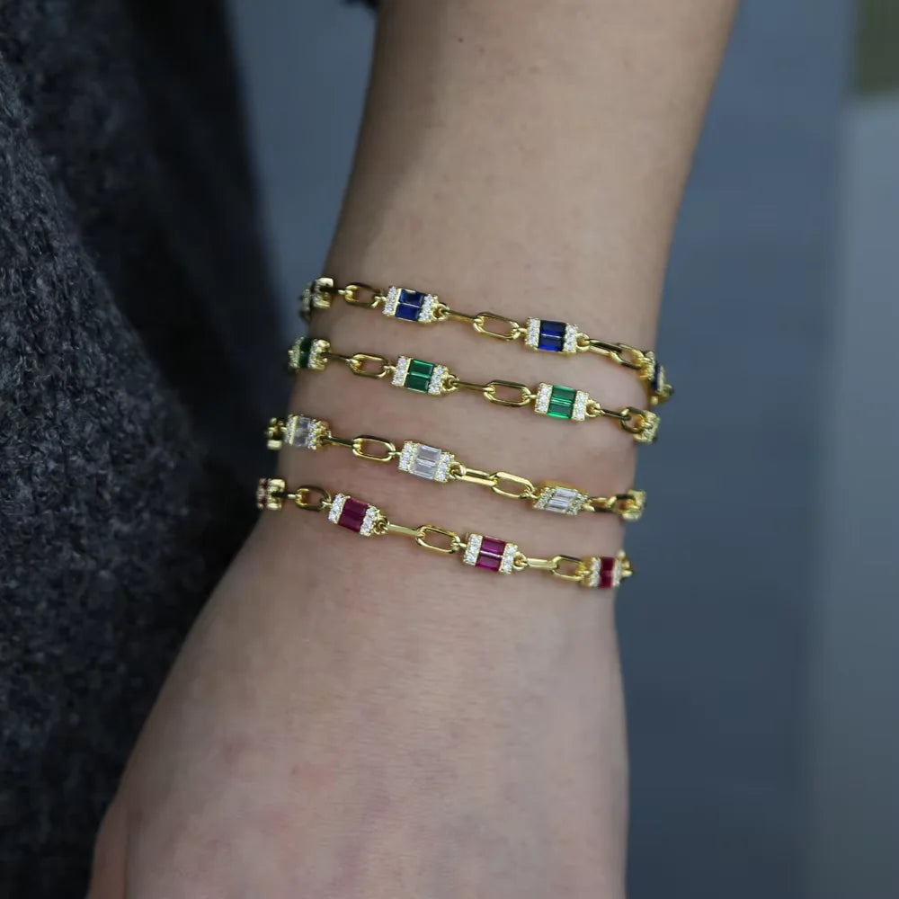 White Rainbow Cz Paved Link Cuban Chain Bracelet For Women Miami Boho Style Thick Gold Color Charm Bracelet Fashion Jewelry