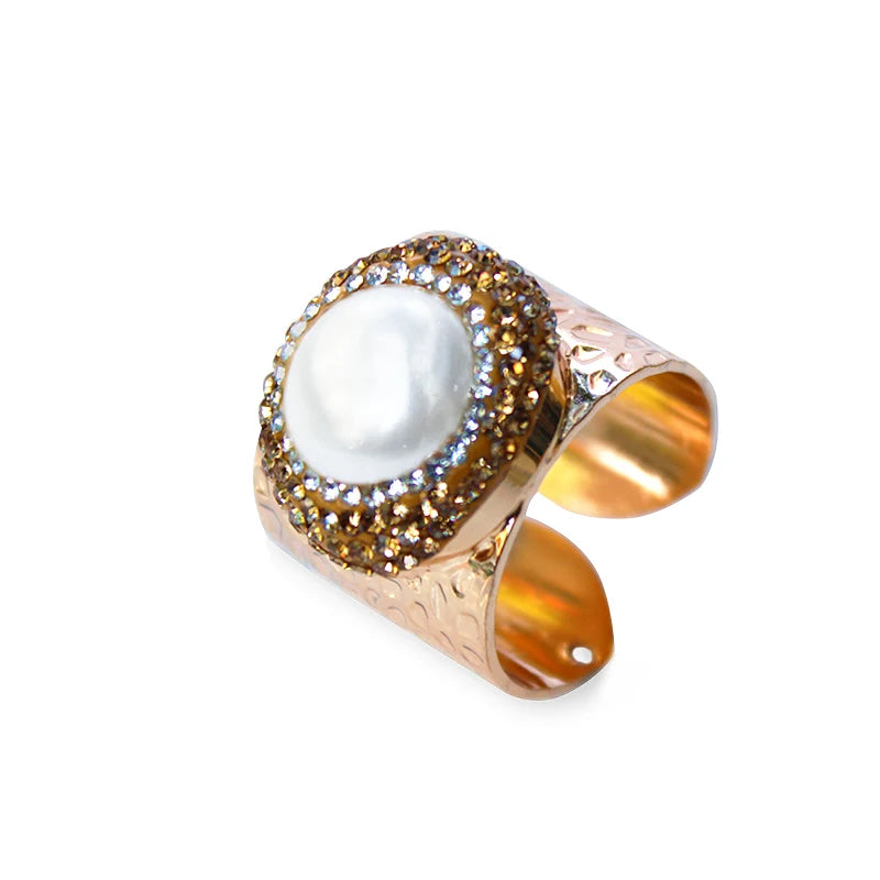 Micro Inlay Full Rhinestone Gold Plated Pearl Bride Engagement Wedding Open Ring Resizable
