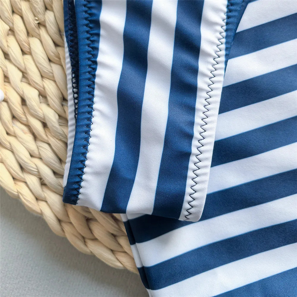 Blue Striped Print String Halter Micro Bikini Thong Sexy Swimsuit Cover Ups Women Holiday Swimwear Beach Wear Bikinis Sets 2025