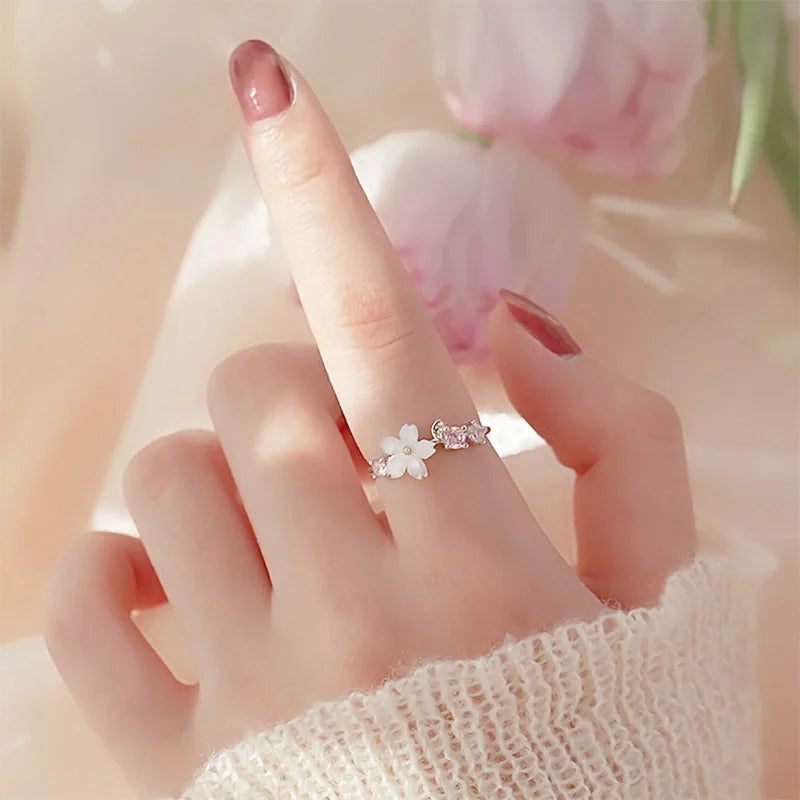 Vintage Rose Flower Rings For Women Korean Style Adjustable  Sakura Princess Finger Ring Bride Wedding Engagement Party Jewelry
