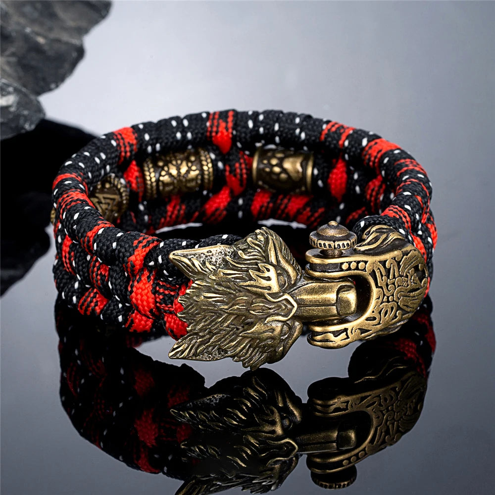 Viking Ancient Bronze Wolf Head Bracelet for Men Punk Stainless Steel Bangle Handmade Woven Rope Wristband Vintage Jewelry Gifts