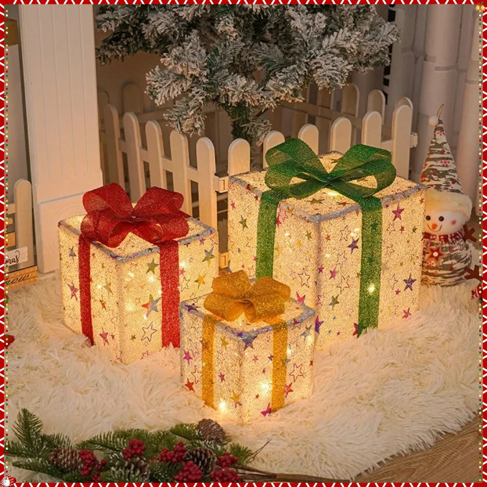 2025 Christmas Gift Box with LED Light String Warm Light Colored Light 3pcs Gift Box Christmas DIY Props Decoration Gift Boxs
