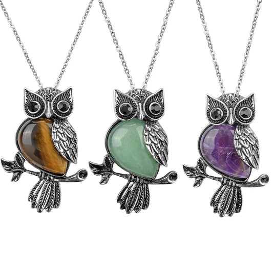 Owl Necklace Healing Crystal Stones Pendant Necklaces for Women Men Natural Amethyst Rose Quartz Gemstone Jewelry