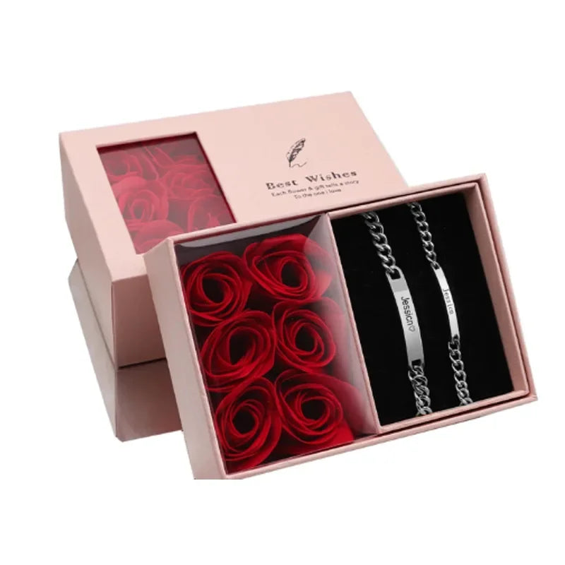 2pcs/set Customized Name Bracelet Made of Stainless Steel Couple Gift Included Jewelry Box Supports Dropshipping 2025 Hot