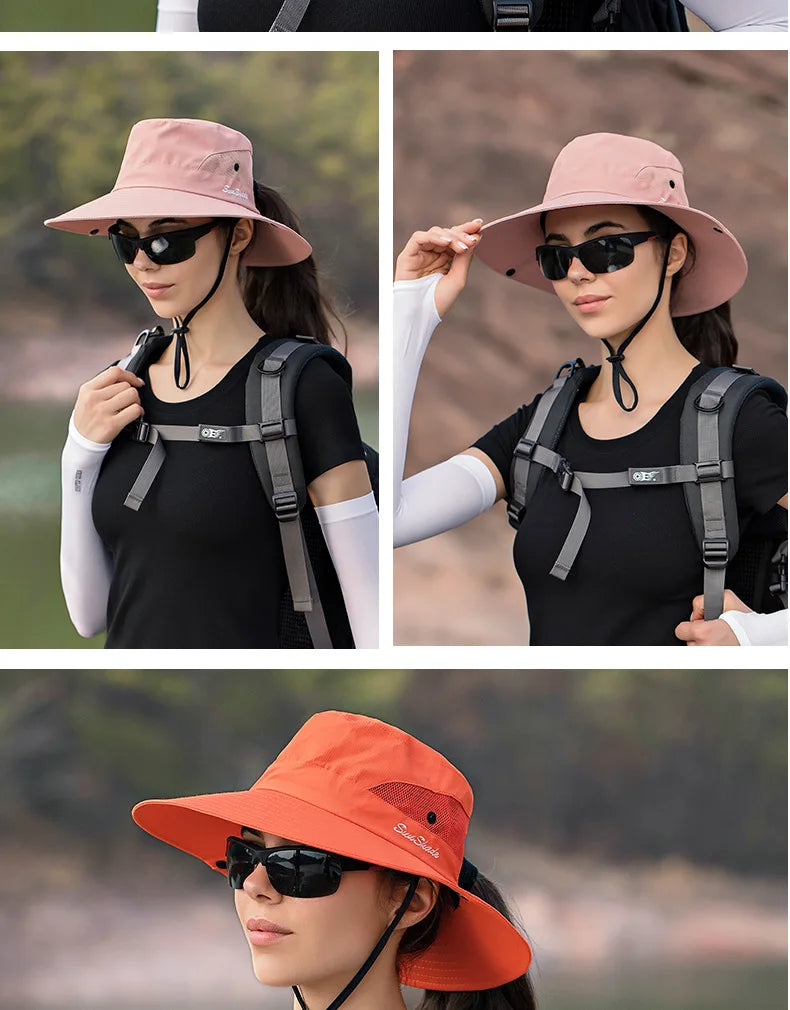 Women Summer Adjustable Bucket Hat with a Ponytail Hole Girls Sun Protection Hiking Cap Parent-child Outdoor Wide Brim Headgear