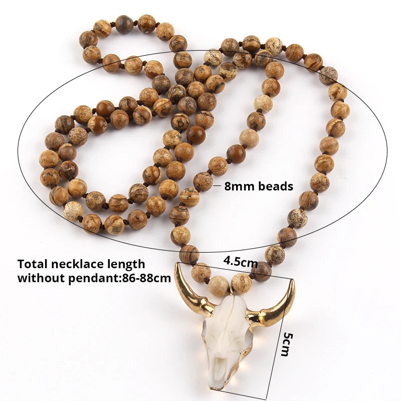 Fashion Bohemian Jewelry Sem Stone Knotted Horn Pendant Necklace For Women Boho Ethnic Necklace Gift