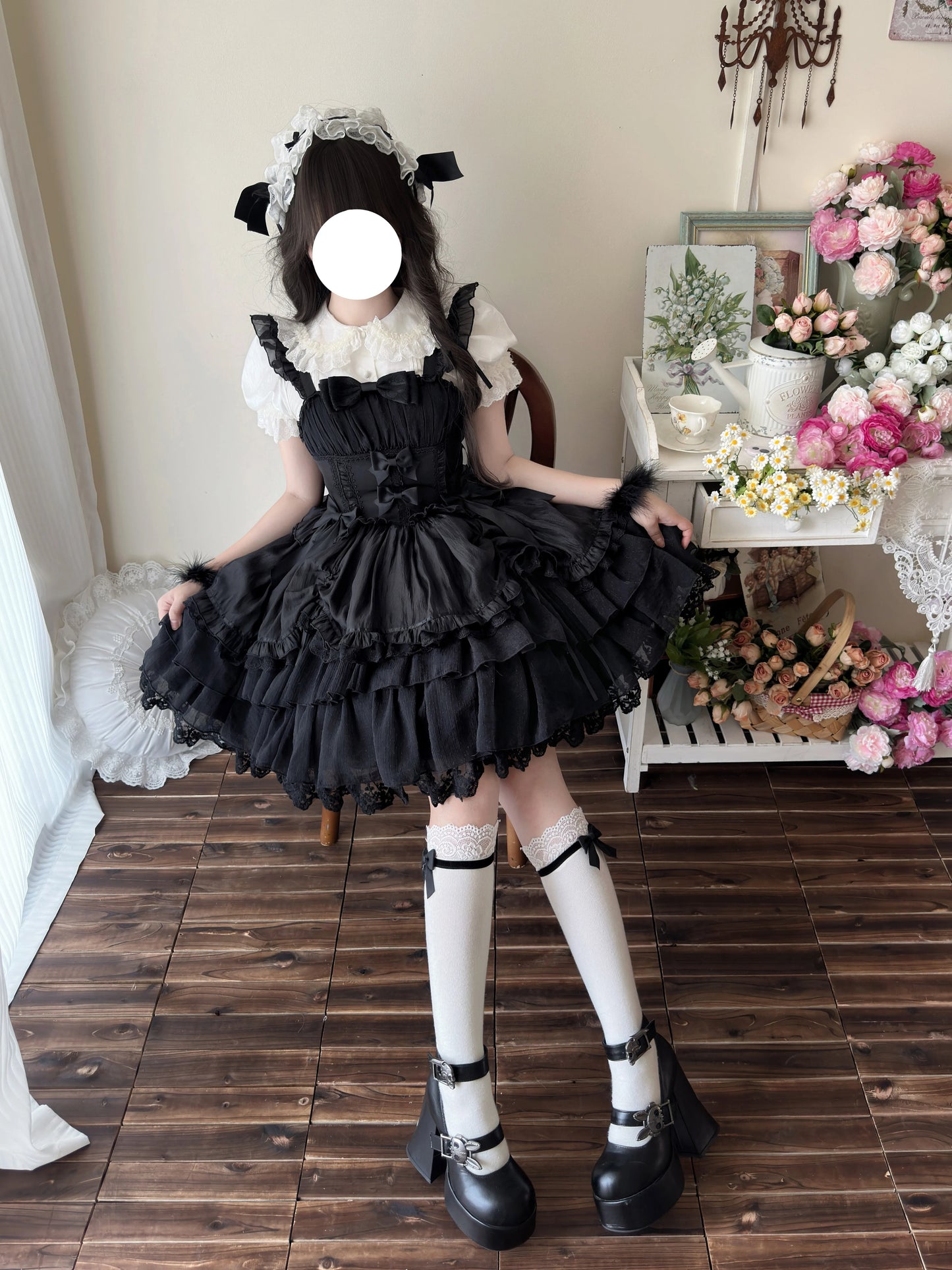 Original Design New Summer Lolita Dress Women's Sweet Flower Wedding Lace Bowknot JSK Sling Dress Black and White Princess Dress