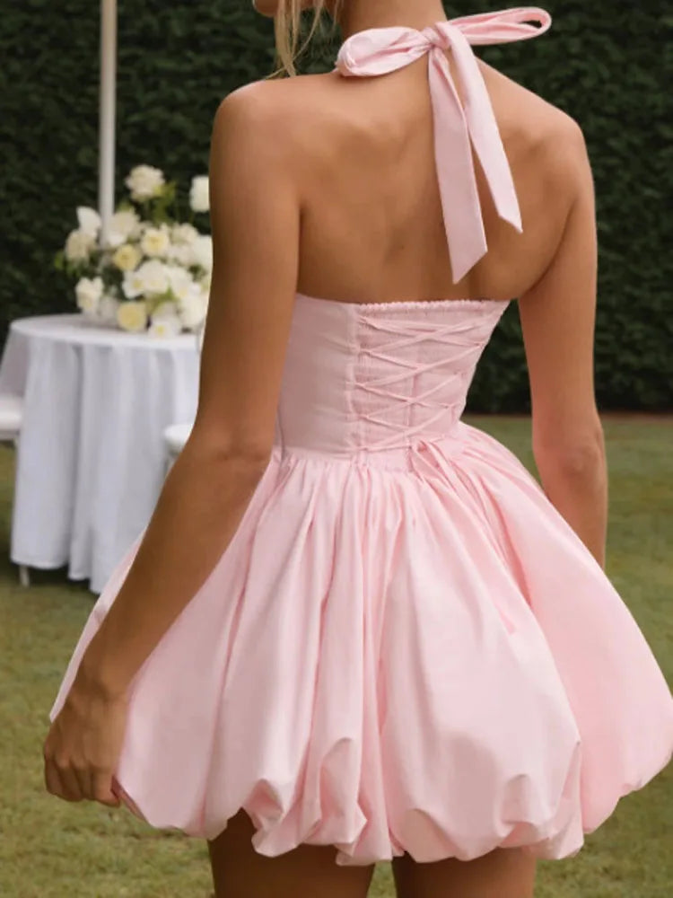 FSMG Sexy Solid Sleeveless Backless Halter Short Skirt Fashion Bow High Waist Slim A-line Dresses Summer Evening Party Vestidos