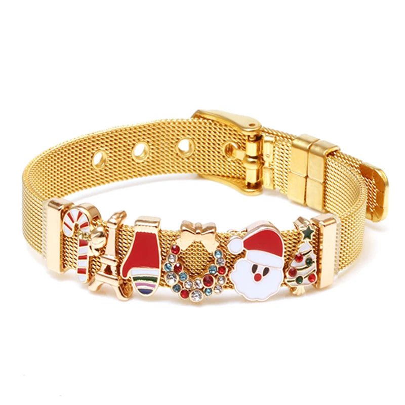 Silver Color Stainless Steel Mesh Bracelets For Women Crystal Santa Claus Beads Charm Watch Belt BraceletsBangles Christmas Gift