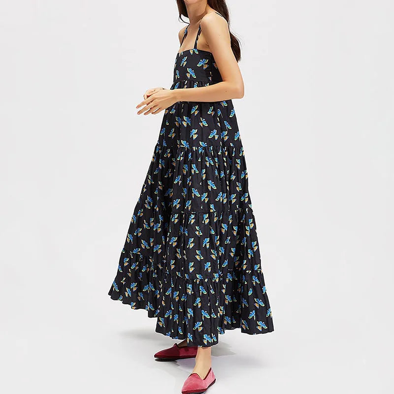 Square Collar Backless Patchwork Maxi Dress, Women Summer Sleeveless Print Party Dress, 2024 Casual Elegant Ladies Dress Vestido