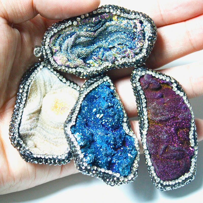 Micro Inlay Rainbow Sun Agate Galaxy Necklace for Women Ladies Irregular Rough Stone Pendant Reiki Healing Crystal Jewelry