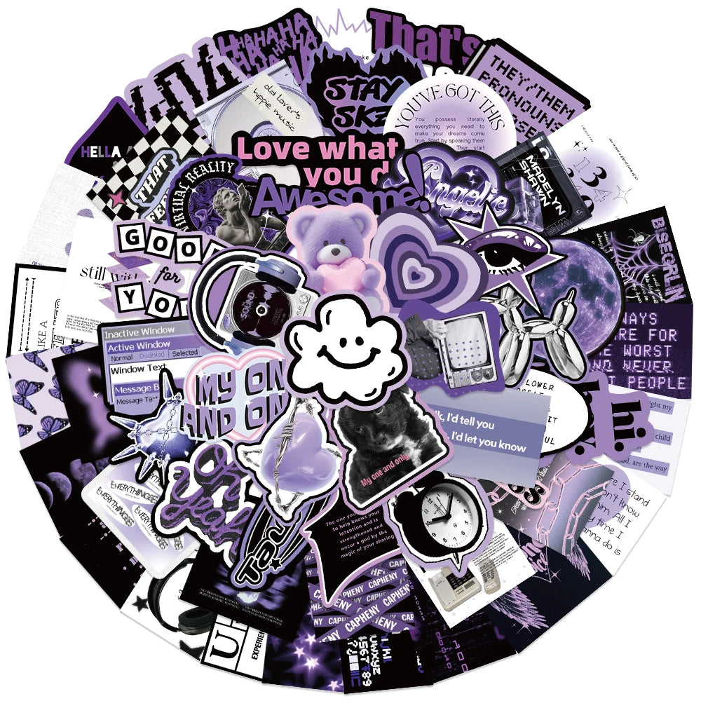 60PCS Y2k Dark Purple Cool Girl Stickers Decal DIY Decoration Suitcase Scrapbooking Phone Laptop Stationery Cute Kid Toy Sticker