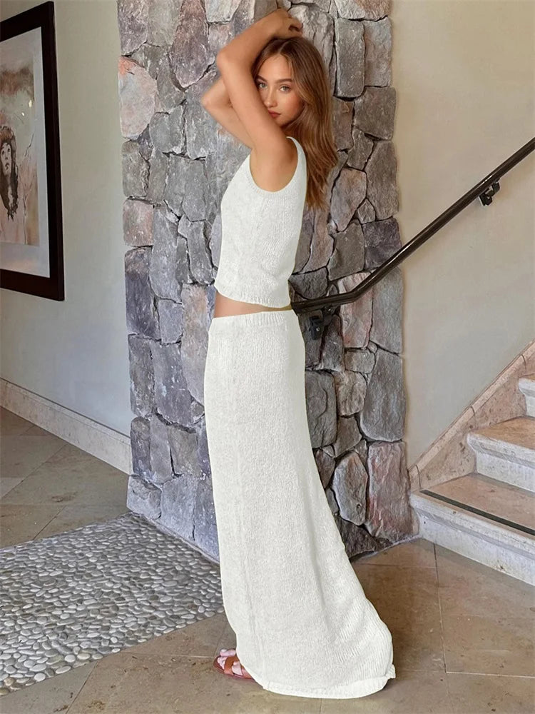 Sexy Transparent Sleeveless Shiny Camisole Tank Top Long Dress Two Piece Set 2025 Fashion Elastic Waist Wrap Hip Knitted Set K68