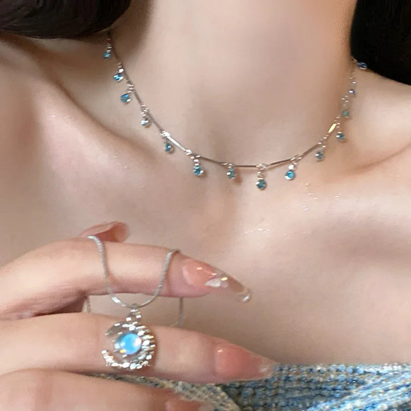 Double Layer Crystal Blue Moon Zircon Charm Square Pendant Necklace For Women Fashion Geometric Neck Chain Jewelry Gift