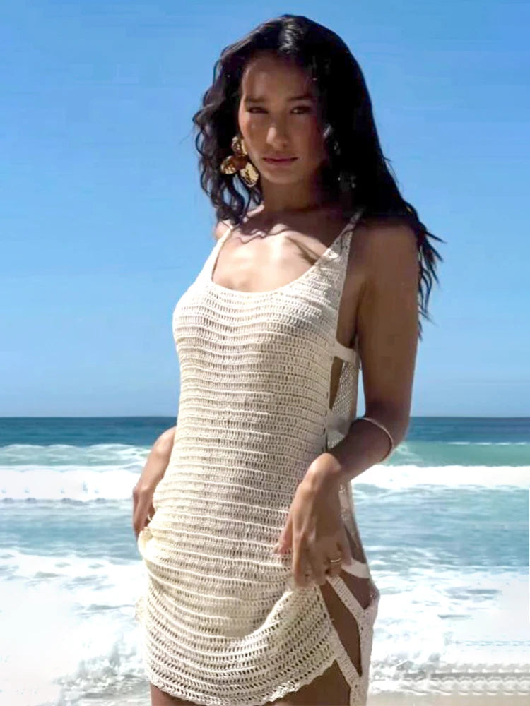 Women's Sexy U Neck Sleeveless Knit Horizontal Stripes Side Cut Out Beach Mini Dress 2025 Summer Beachwear Swimsuit Cover Up K90