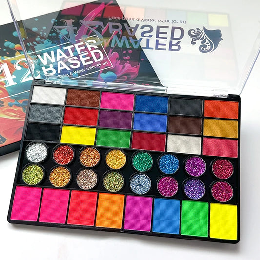 42-Colors Water-Based Face & Body Painting Kit,UV Neon Glitter Fluorescent Paint Makeup,Face Body Paint Art Festivals Halloween