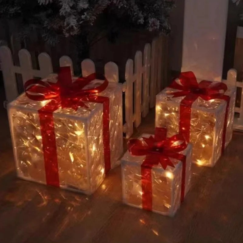 2025 Christmas Gift Box with LED Light String Warm Light Colored Light 3pcs Gift Box Christmas DIY Props Decoration Gift Boxs