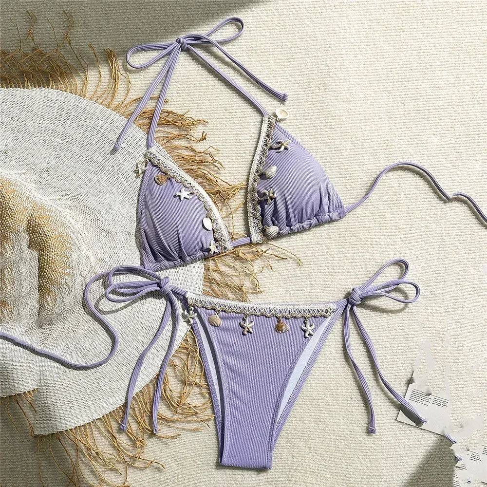 Shell Decoration Swimwear String Halter Bikinis Sets Micro Thong Sexy Swimsuit Women 2025 Bathing Suit Purple Triangle Bikini