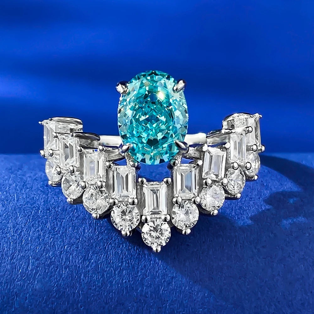 Wong Rain 100% 925 Sterling Silver 6*8 MM Oval Paraiba Tourmaline High Carbon Diamond Gemstone Ring For Women Engagement Jewelry