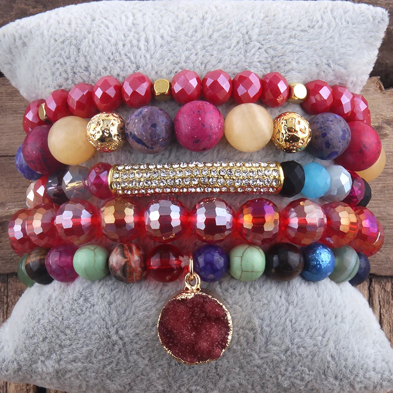 Fashion Beaded Boho Bracelet 5pc Green Natural Stone /Glass Stack Bracelet Sets For Women Boho Jewelry Gift