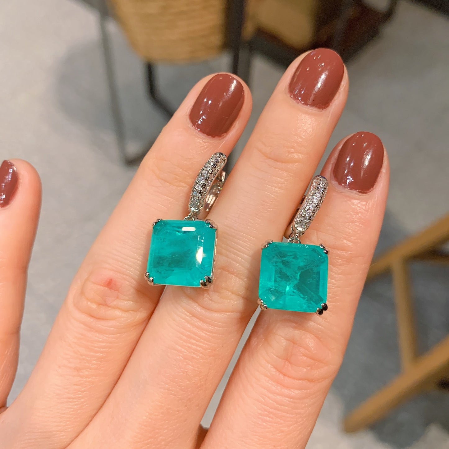 925 Silver Princess Cut Paraiba Tourmaline Lab Emerald Drop Earrings Women's Vintage Charm Wedding Party Dangler Luxury Jewelry