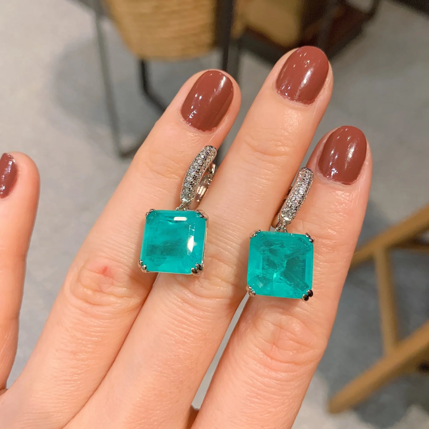 925 Silver Princess Cut Paraiba Tourmaline Lab Emerald Drop Earrings Women's Vintage Charm Wedding Party Dangler Luxury Jewelry